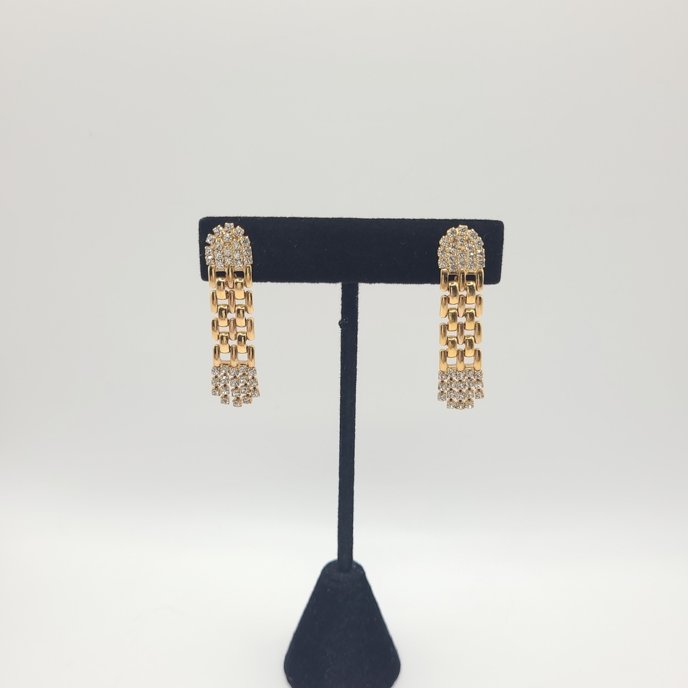 Vintage Gold Tone Rhinestone Chain Link Clip-On Earrings